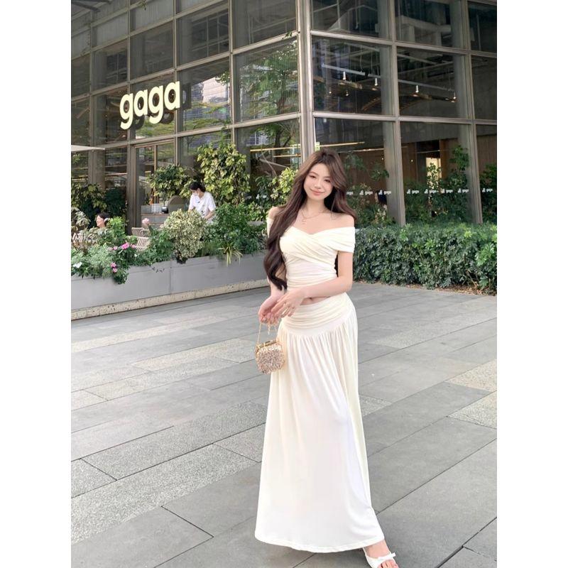 Kumikumi Pure Desire Set Pleat Cross off-Neck T-shirt Women Summer Drape High Waist Skirt Two-piece Set