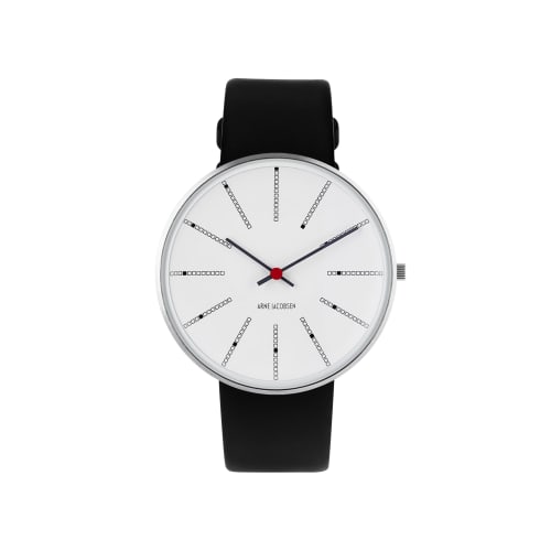 ARNE JACOBSEN BANKERS 53102-2001 Watch, 40mm, Scandinavian Design, Water Resistant (Quiet Design with No Second Hand), White with Black Leather Strap