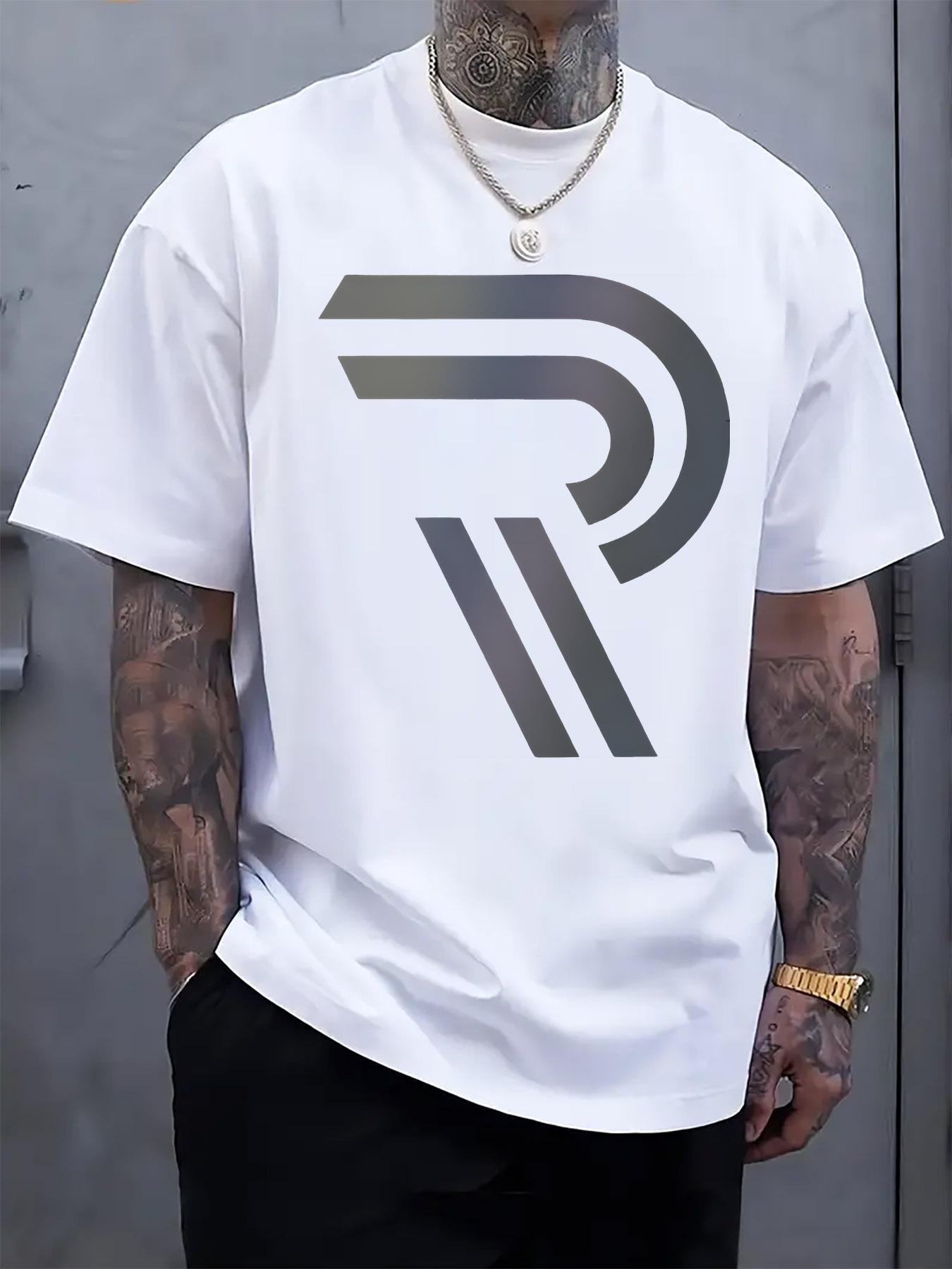 Gradient Letter R Graphic Print T-shirt - Regular Fit Casual Short Sleeve Round Neck Summer Tee XXL