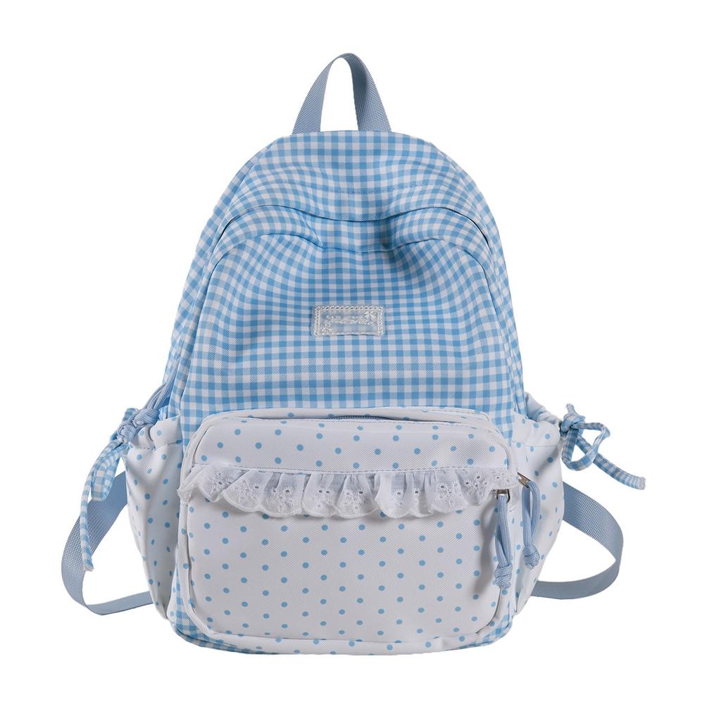 Schoolbag Korean ins Fresh Plaid Polka Dot Backpack Girl Heart Lace Small School Bag Junior High School College Student Commuter Bag