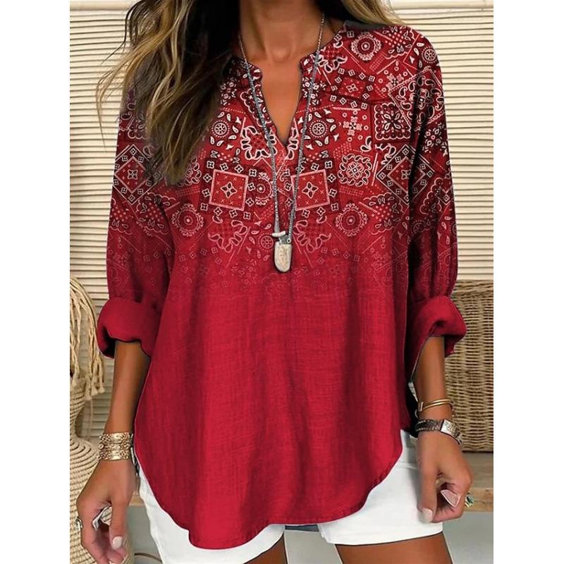 Women's Henley V Neck Long Sleeve Loose Solid Linen Blend Tunic Top Plus Size Casual Blouse