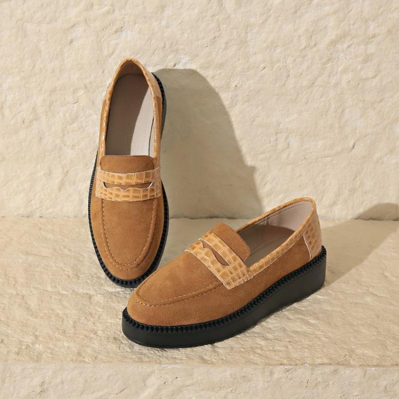 Fall New Slope Heel Shoes Women's Round Head Suede Splicing Thick Sole Anti-slip Wear-resistant Low-top Shoes