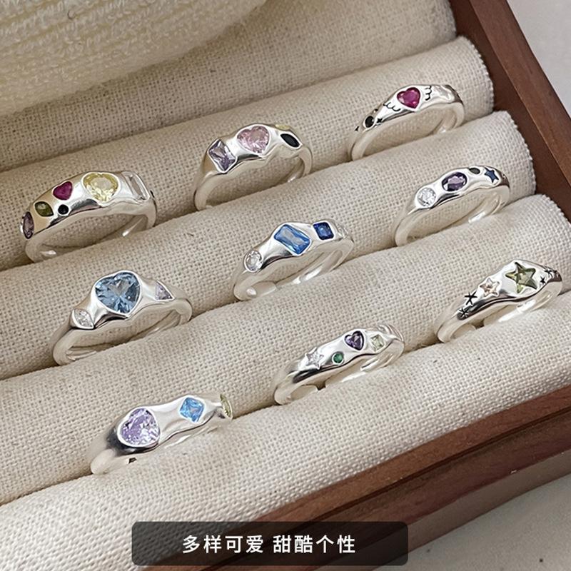 Copper Shaped Heart Adjustable Ring For Women With Vibrant Colorful Zircon Stones Design