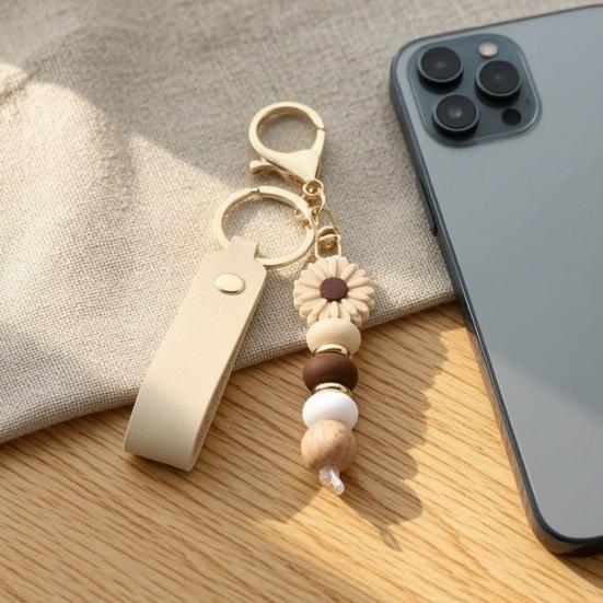 Aesthetic Key Ring Silicone Flower Keychain with Faux Leather Wristlet, Car Lanyard Pendant, Handbag Backpack Charm Wood Beads Bead Wristlet