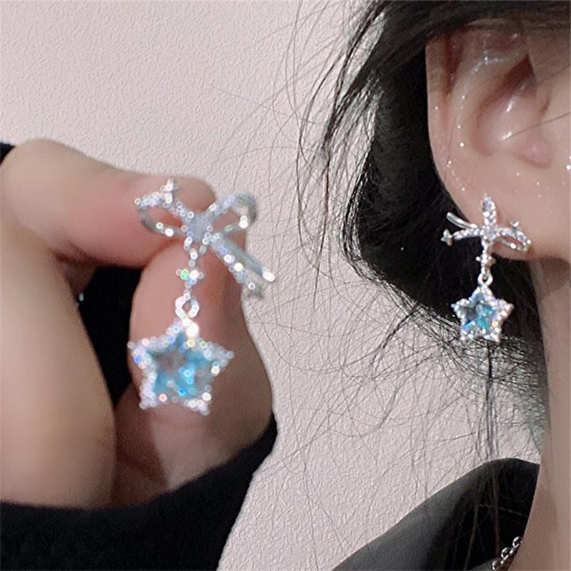 Y2K Shiny Zircon Star Bow Earrings For Women Fashion Exquisite Elegant Pentagram Ear Studs Sweet Girls Jewelry Accessories Gift