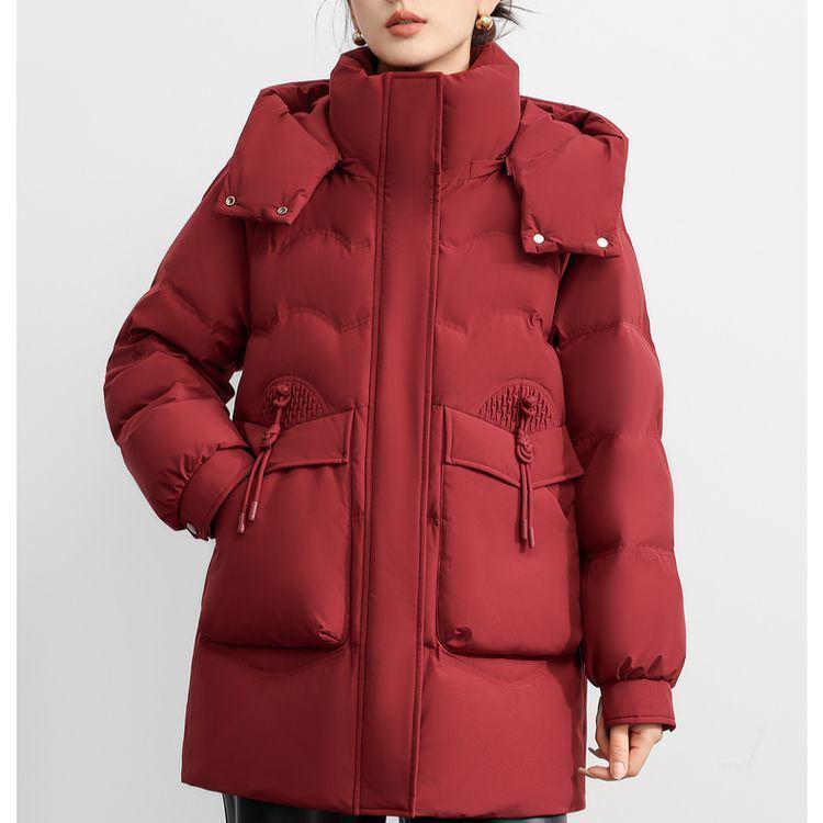 Women's Black Down Jacket: Mid-Age Style with Removable Hood and Large Pockets, Thickened for Extra Warmth