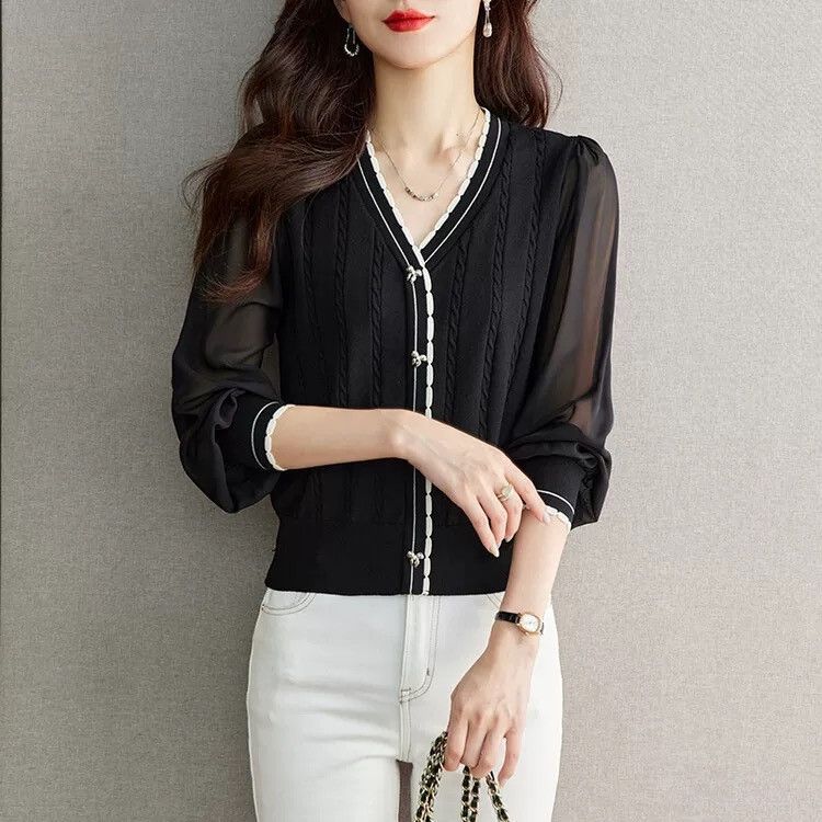 V-neck Patchwork Women's Short, Stylish, Thin Long-sleeved Top