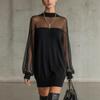 Mesh Splicing Round Neck Slightly Transparent Long-sleeved Pullover Dress