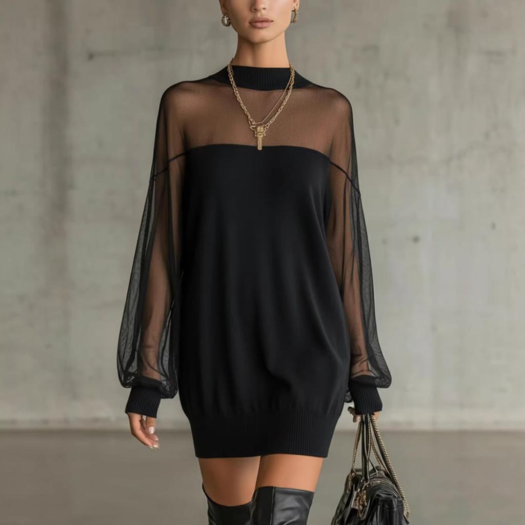 Mesh Splicing Round Neck Slightly Transparent Long-sleeved Pullover Dress