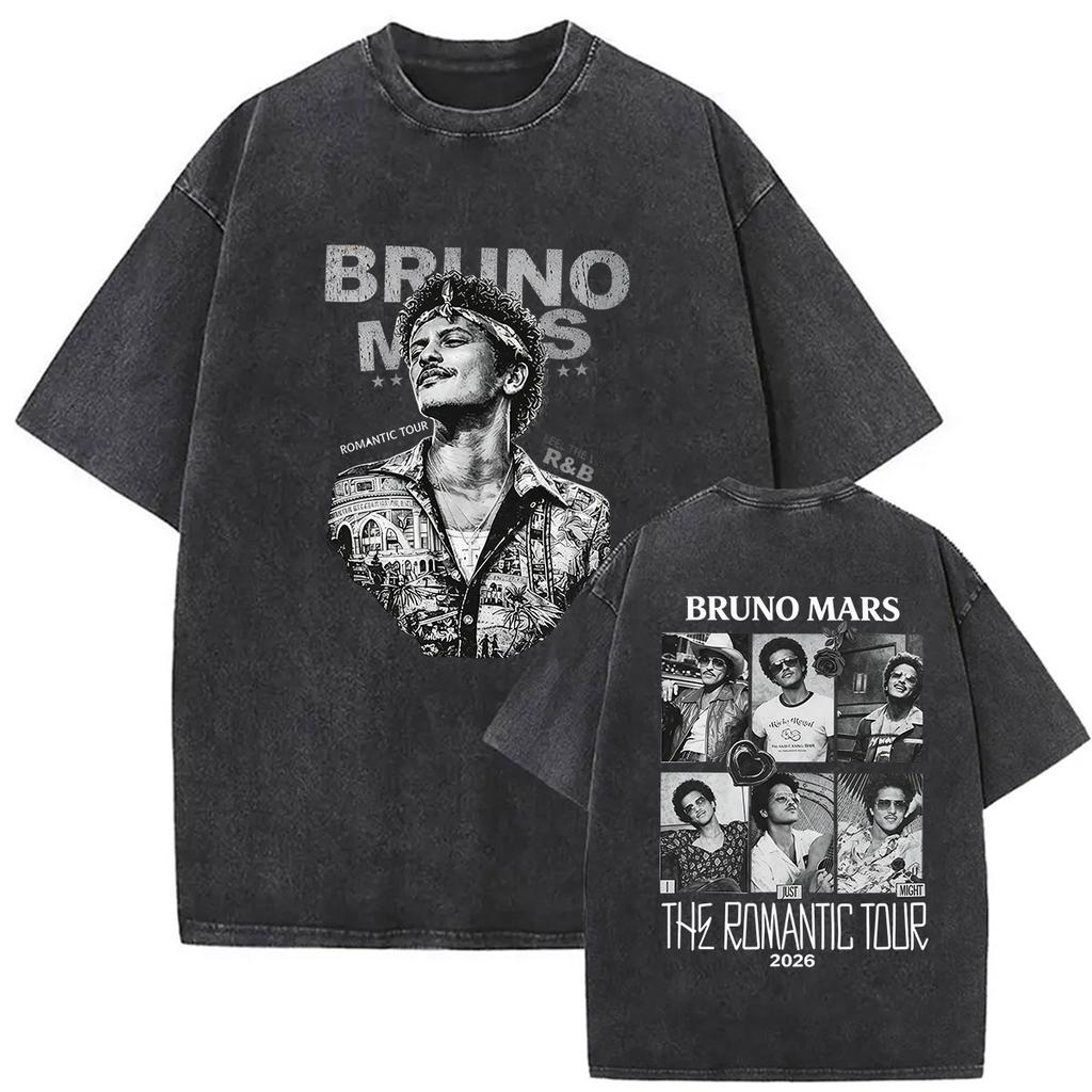 Vintage Washed Rapper Bruno Mars New Album Graphic T Shirts Mens Hip Hop Pop Loose Fashion Short Sleeve Tshirt Streetwear