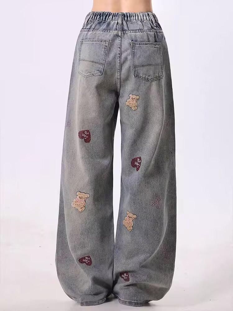 

Жіночі гарячі вишиті вінтажні джинси з високою талією, широкими штанинами та рваним ефектом 5XL