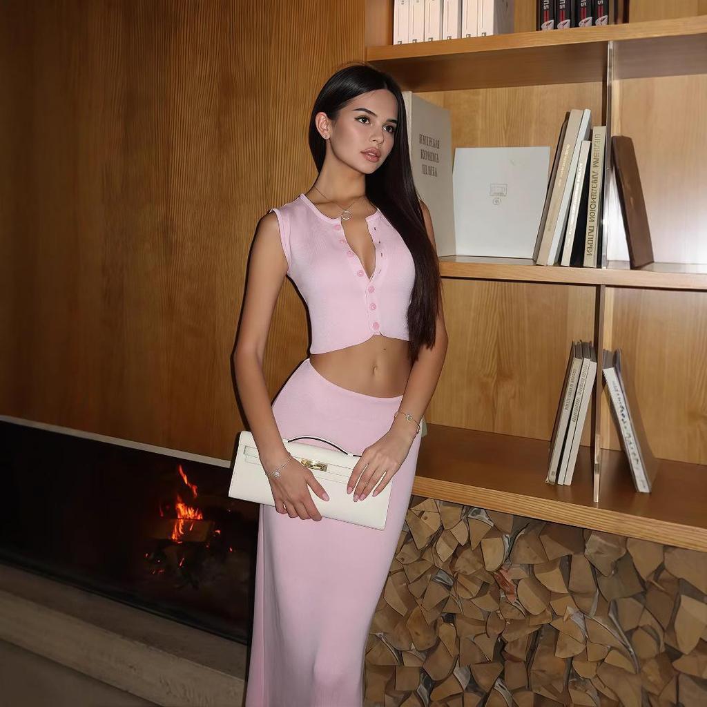European & American Pink Slim Knit Set - Sleeveless Cardigan Crop Top & High Waist Hip Wrap Skirt