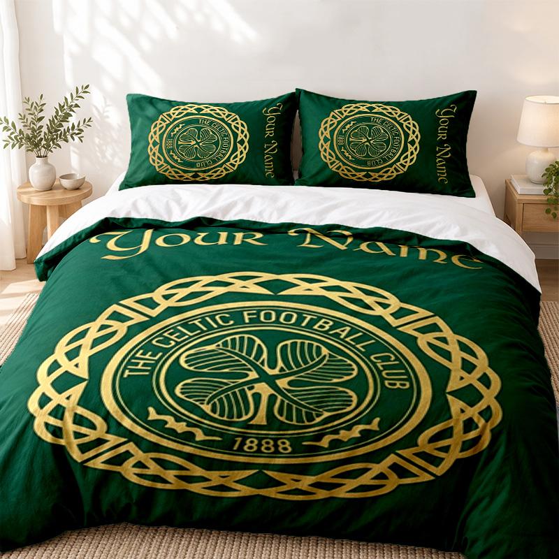 Celtic Football Club Custom Name 3pc set Perfect for bedroom use Comfortable bedding set includes a duvet cover and two pillowcases Ideal birthday or