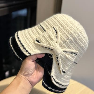 New Korean Style Knitted Bow Fisherman Hat for Women Versatile Face Showing Small Basin Hat Foldable Autumn and Winter Bucket Hat