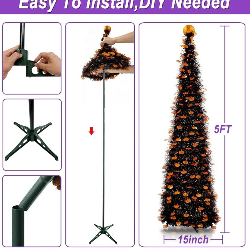 

Halloween Tree with 50LED Orange Purple Lights Timer 8 Modes Pumpkin Ornament Pop Up Artificial Halloween Decorations Home Party Indoor Outdoor