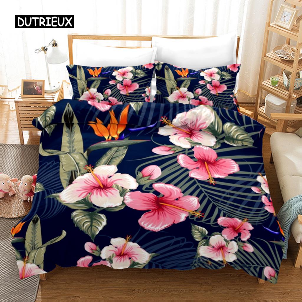 Bettbezug-Set mit Blumenmuster, tropisches Bettwäsche-Set mit Blumenmuster, tropische Blumen und Blätter für Kinder und Teenager, Polyester, Doppelbett, Queensize-Bett, Kingsize-Bettbezug