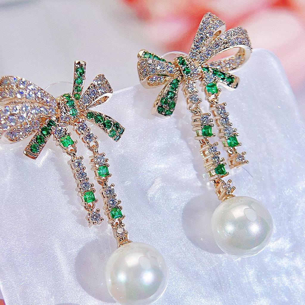 CMM Trendy Bowknot Design Paved White Green CZ Zirconia Women Long Artificial Pearl Drop Earrings for Bridal
