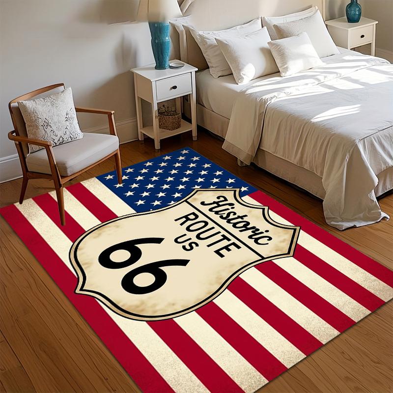 Historic Route 66 US Flag Area Rug for Living Room Bedroom Patriotic Retro Road Trip Home Decor Soft Non Slip Washable Floor Mat