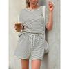 Women 2 Piece Casual Set, Striped Short Sleeve T-shirt and Drawstring Shorts, Fashion Daily Matching Outfit