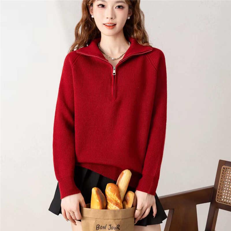Women's Half-Zip High-Neck Sweater: Loose, Thick Knit Pullover for Autumn/Winter 2024