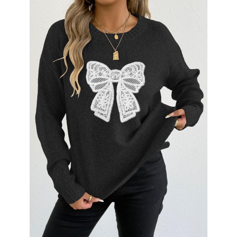 Women S Round Neck Long Sleeve Pullover Sweater Featuring Embroidered Lace Butterfly Splicing