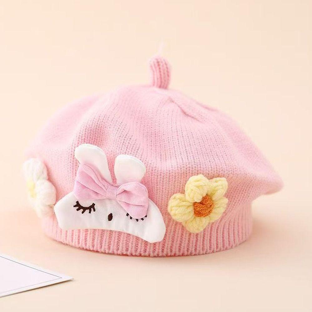 Flower Baby Beret Hat Soft Artist Painter Caps Cute Knitted Hat  Infant Girls