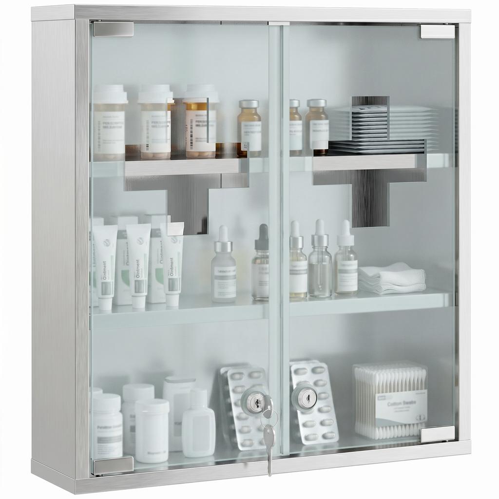 Wall-mounted medicine cabinet with lockable glass doors, 2 keys, storage shelves, 46 x 12 x 48 cm, silver