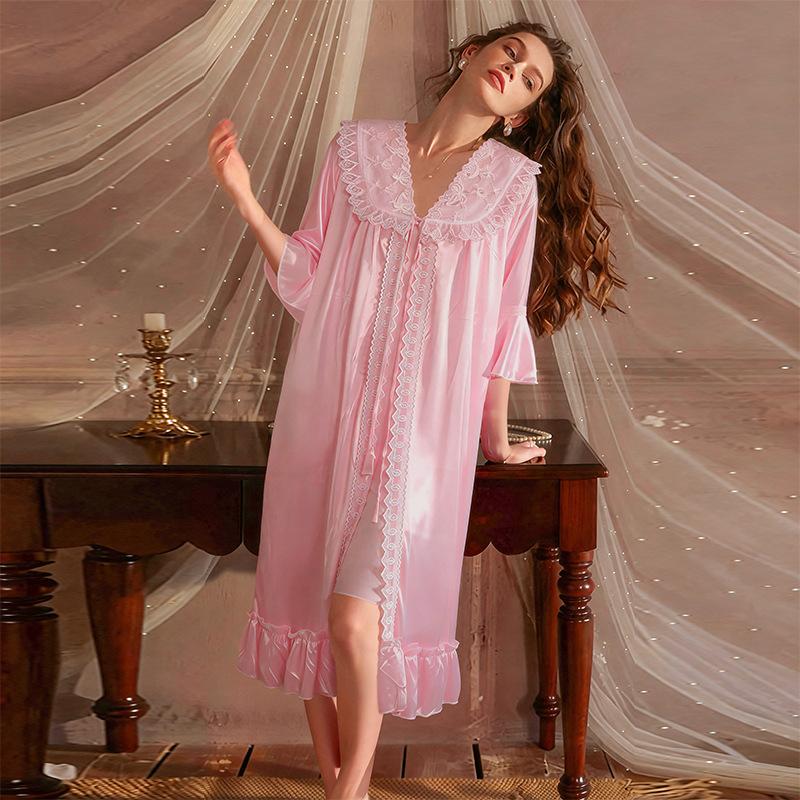 Ice silk sexy pajamas women's spring and summer simulation silk pure lace suspender pajamas two-piece loungewear set