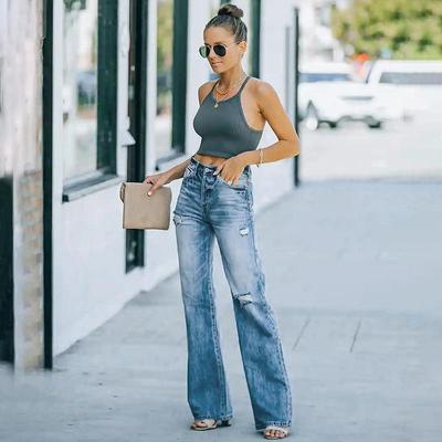 Women's Stretch Washed-out Wide Leg Denim Trousers