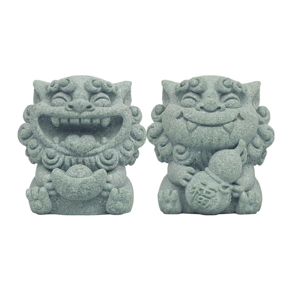 2x Mini Lion Statue Figurine Chinese Figurine Stone Sculpture Carving for Dollhouse Miniature Tabletop Entryway Garden Bedroom