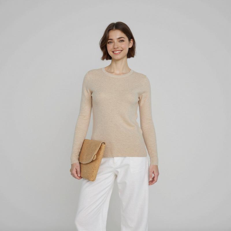 Crew Neck Long Sleeve Pullover 0 Pure Wool Knitted Sweater Female Slim and Thin Casual Versatile Sweater Thin
