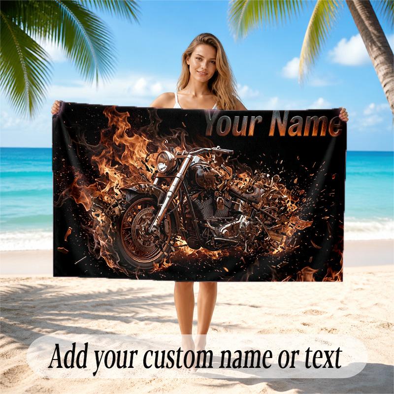 Motorcycle Biker Theme Quick Dry Beach Towel Custom Name Text Print Large Sand Resistant Towel Beach Vacation