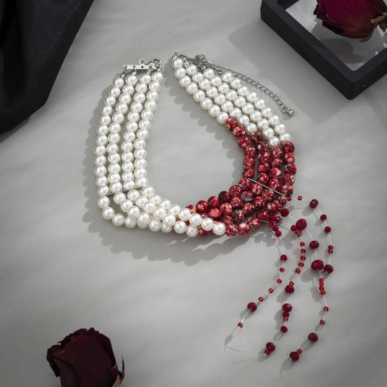 Rock Concert Outfit Accessories Gothic Blood Drop Choker, Layered Faux Pearl Necklace, Red Tassel Vintage Style Beaded Choker Earrrings, Punk Vampire