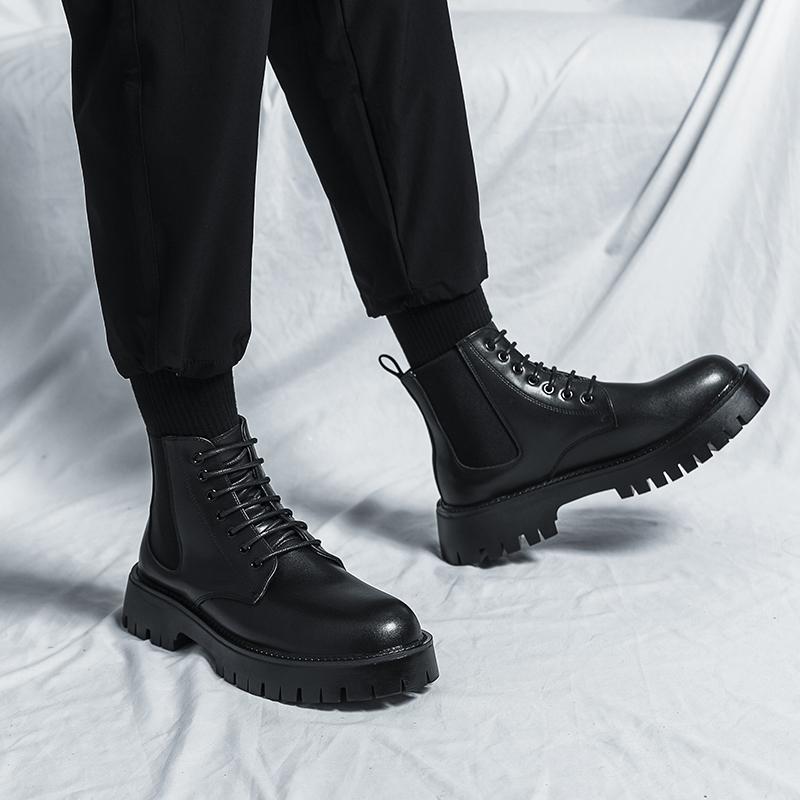 Men Boots New Big Head Leather Shoes Autumn and Winter High Top Lacing Thick Sole Durable European Black Sizes 38-44 Men Shoes