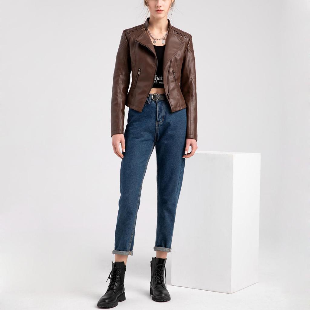 Women's Stylish Faux Leather Jacket Classic PU Moto Biker Fashion Zip Up Casual Short Coat Slim Outerwear with Retro Lacing Detail S-4XL Plus Size