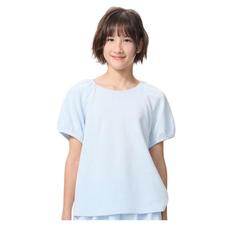 UNIQLO 485778 Girls Puff Sleeve T-Shirt Seersucker White Light Blue Kids Japan 130 светло-синий