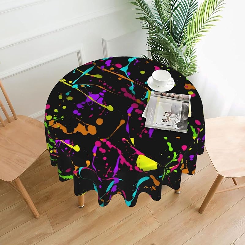 Glow in Dark Splatter Neon Pattern Tablecloths Round Table Cloth Circular Table Cover 60 Inches Polyester Fabric Tabletop Holiday Decor for Dining One Size