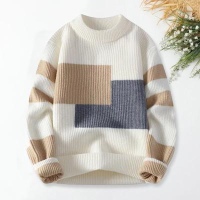 Fall Winter Men Sweater Colorblock Knitted Thick Loose Warm O Neck Long Sleeve