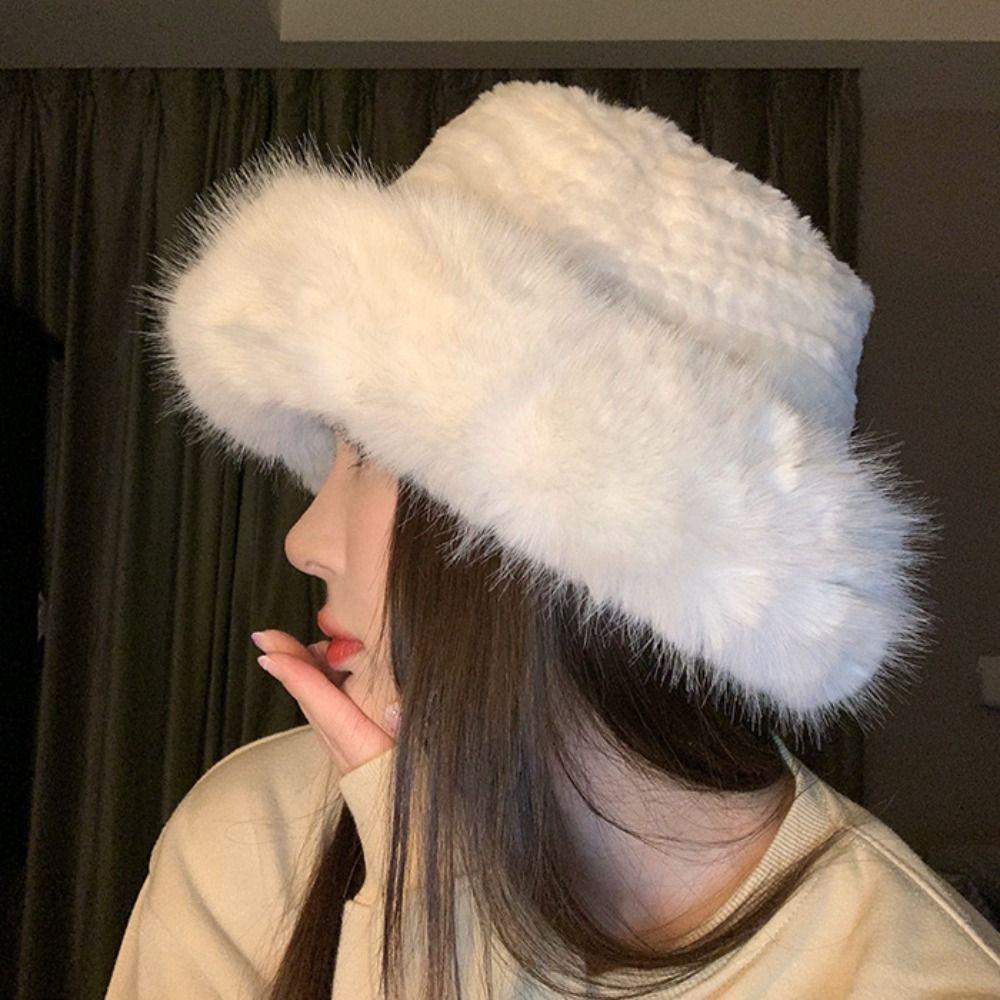 Imitation Fur Beanie Hat Knitted Hat Winter Plush Hat Cute Plush Bucket Hat  Streetwear