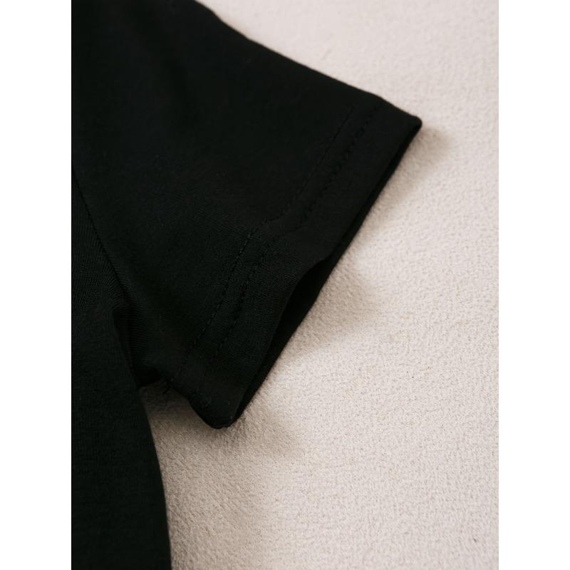 European sizes Black T-Shirt with Pink Bow - Casual Crew Neck Cotton Tee, Super Soft and Comfortable for Everyday Wear