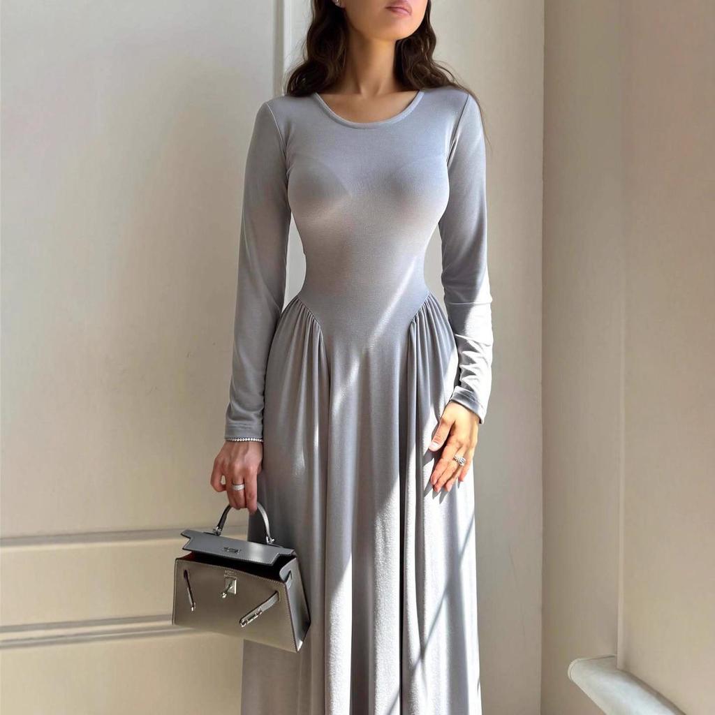 2025 Raffiniertes Damen Langarm Schlankheitskleid mit Rundhalsausschnitt für Frühling und Herbst.