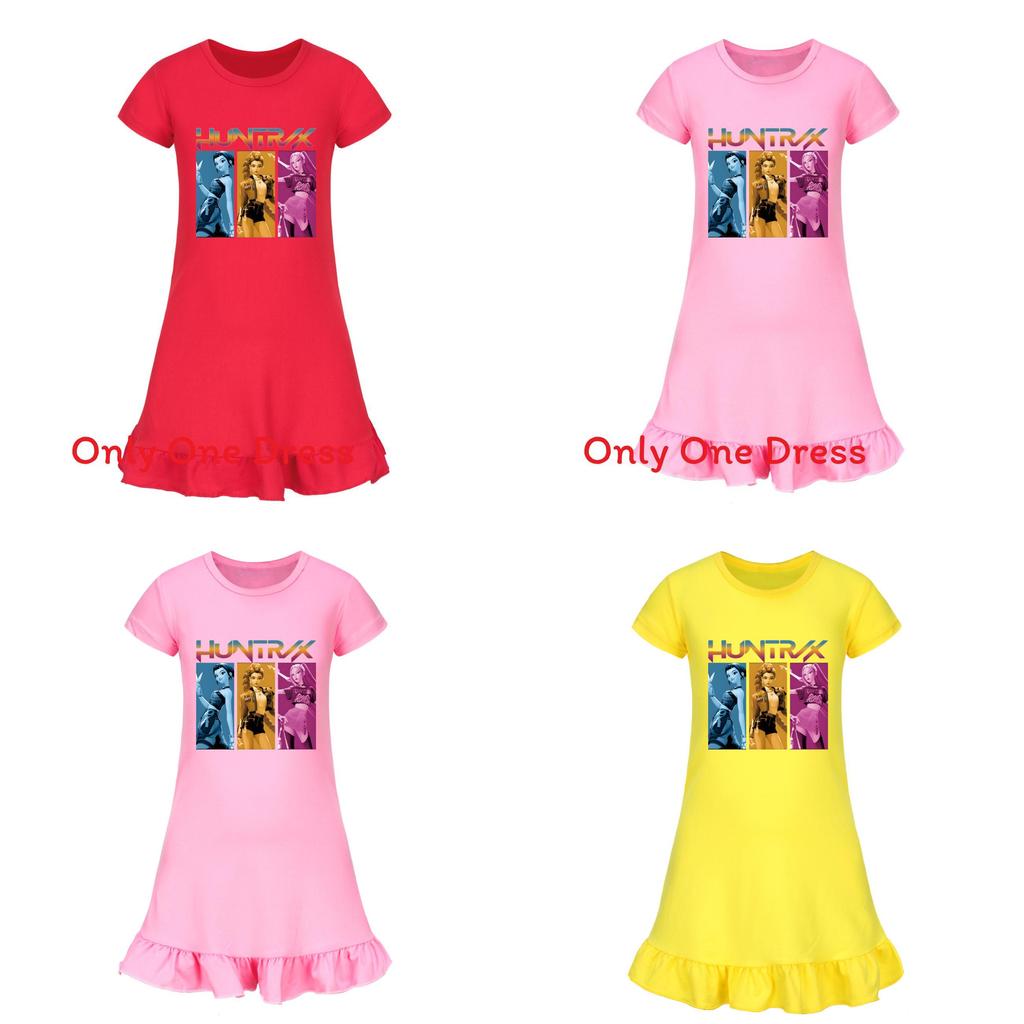 Kpop Demon Hunter Girl Short Sleeve Pajama Dress With Ruffle Skirt For Kids Homewear