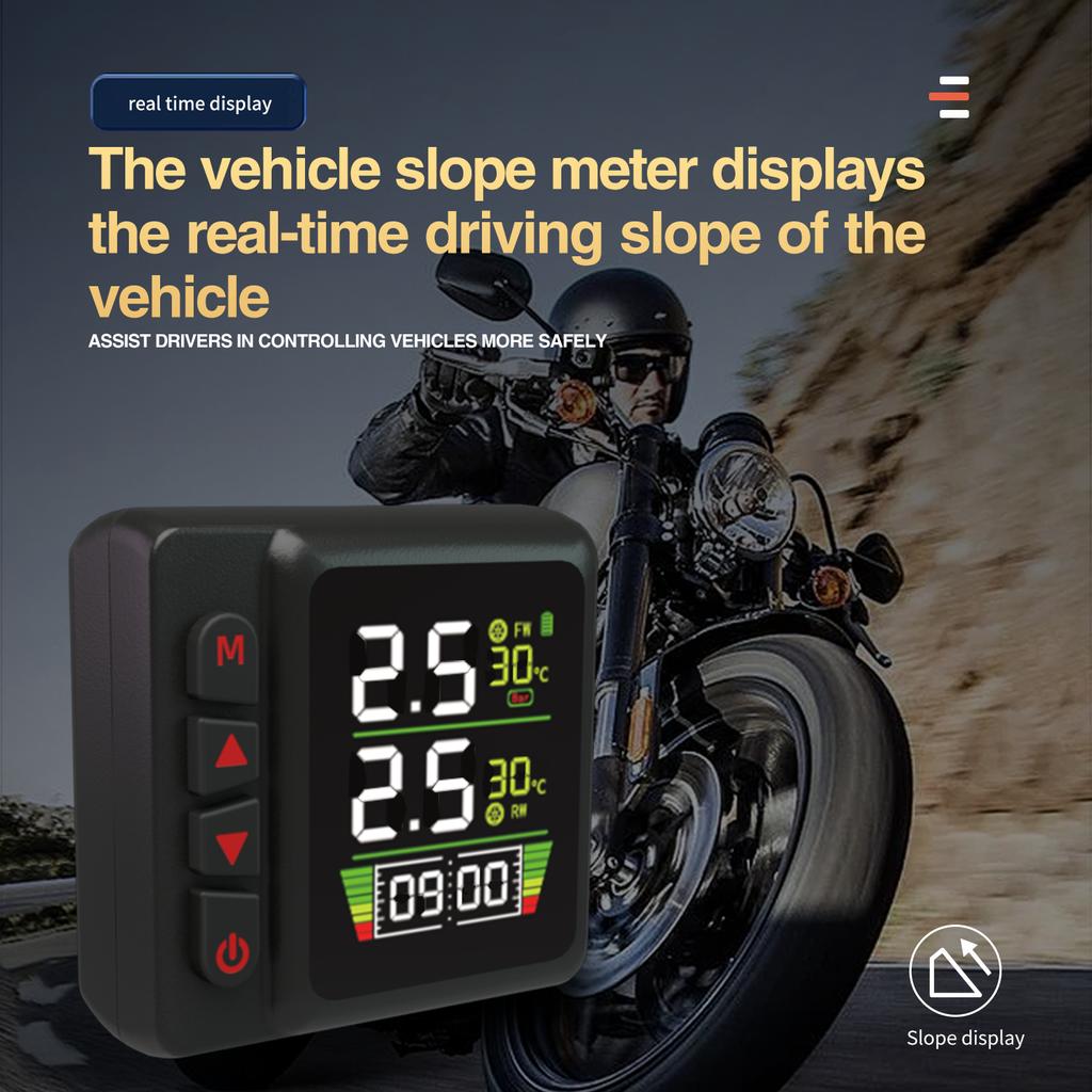 Motorcycle TPMS Tire Pressure Monitors Temperature Monitoring Alarm System Clock With 2 External Sensors QC3.0 USB Fast Charging