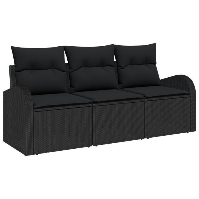 Ensemble de 3 canapés de jardin avec coussins noirs en poly rotin, Canapé de jardin 2 places avec rangement et coussins 3354572