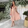 Summer 2025 Solid Color V-Neck Puff Sleeve Commuter Dress