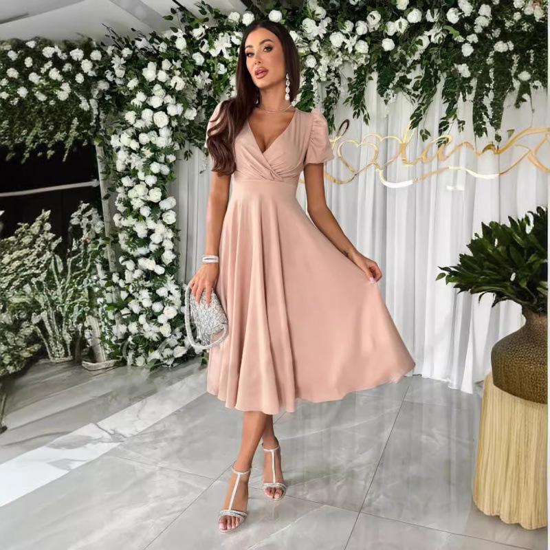 Summer 2025 Solid Color V-Neck Puff Sleeve Commuter Dress