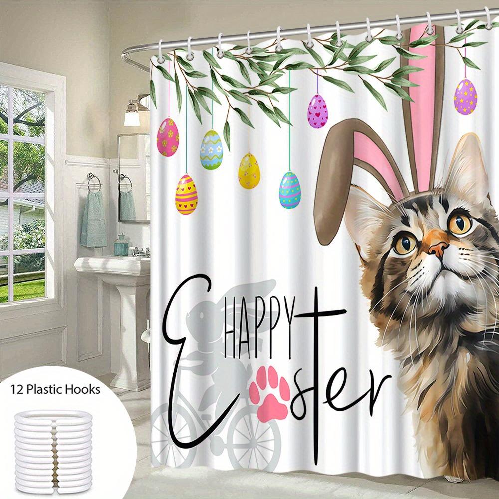 Easter Cat Eggs Shower Curtain Whimsical Tabby Bunny Ears Design Polyester Bath Decor With 12 Hooks Funny Easter Decor