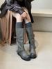 Retro design round head thick-soled boots women's new knight boots belt buckle high boots