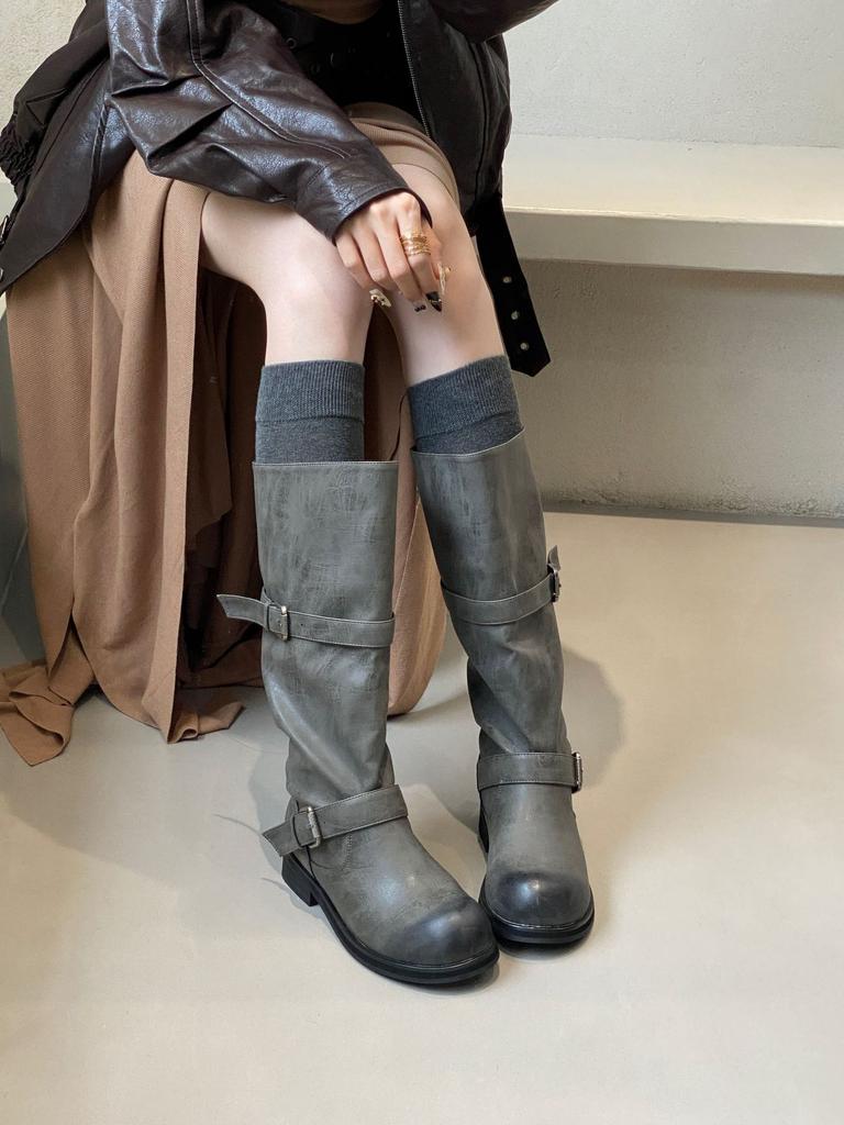 Retro design round head thick-soled boots women's new knight boots belt buckle high boots