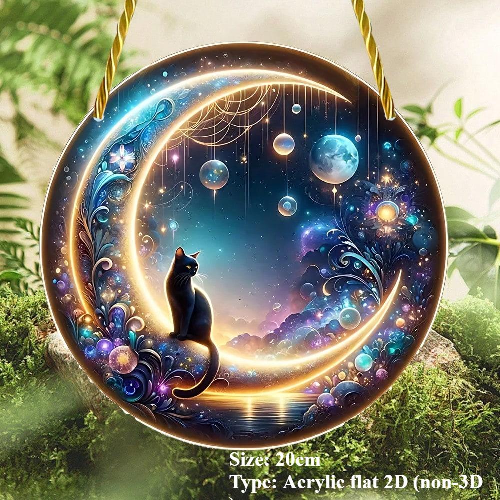 2D plochý akrylový lapač slunce s černou kočkou, měsíční barvení, závěs na okno, zahrada, dvůr, veranda, domov, nástěnná, pokojová dekorace